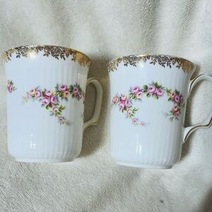 Royal Albert Dimity Rose pattern coffee mugs. Gold Trim